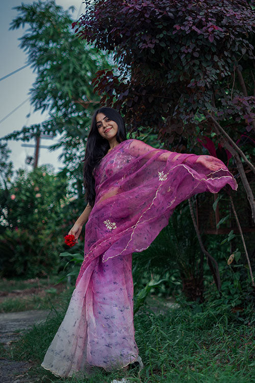 JAMUN - eco printed , hand embroidered organza silk sari