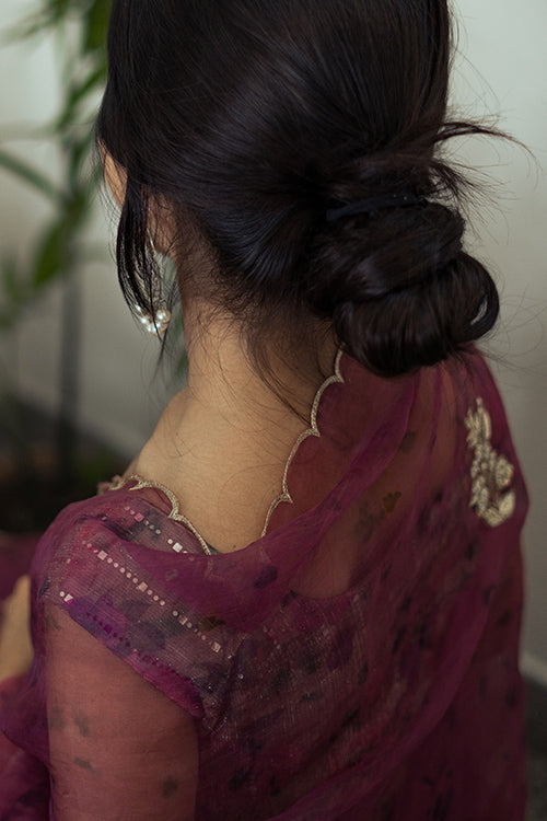 JAMUN - eco printed , hand embroidered organza silk sari