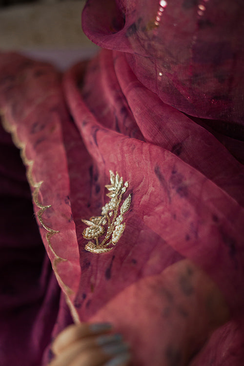 JAMUN - eco printed , hand embroidered organza silk sari