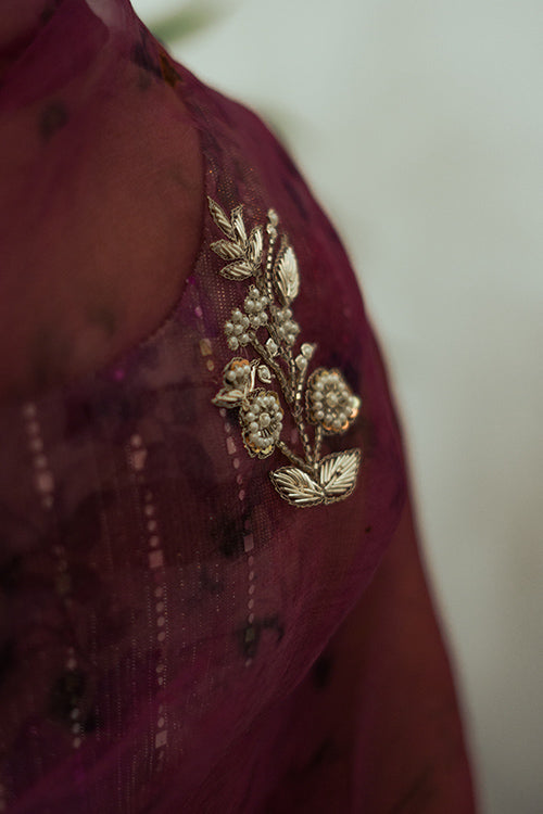 JAMUN - eco printed , hand embroidered organza silk sari